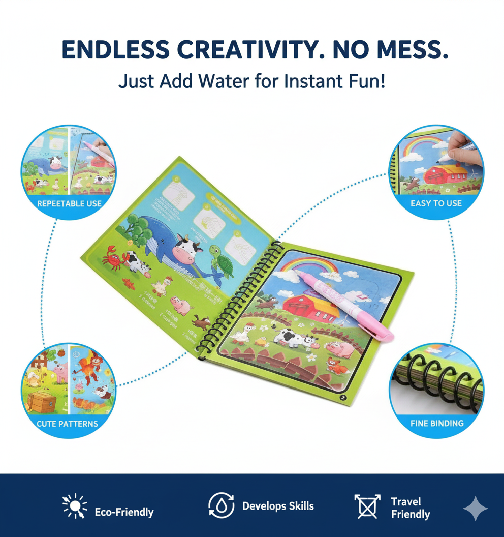 Magic Water Colouring Books – Reusable Water-Reveal Activity Set for Kids