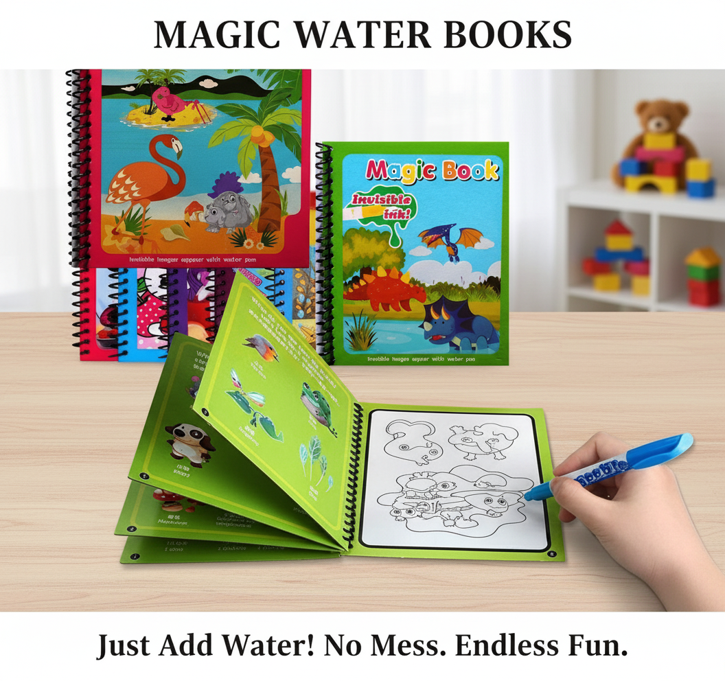 Magic Water Colouring Books – Reusable Water-Reveal Activity Set for Kids
