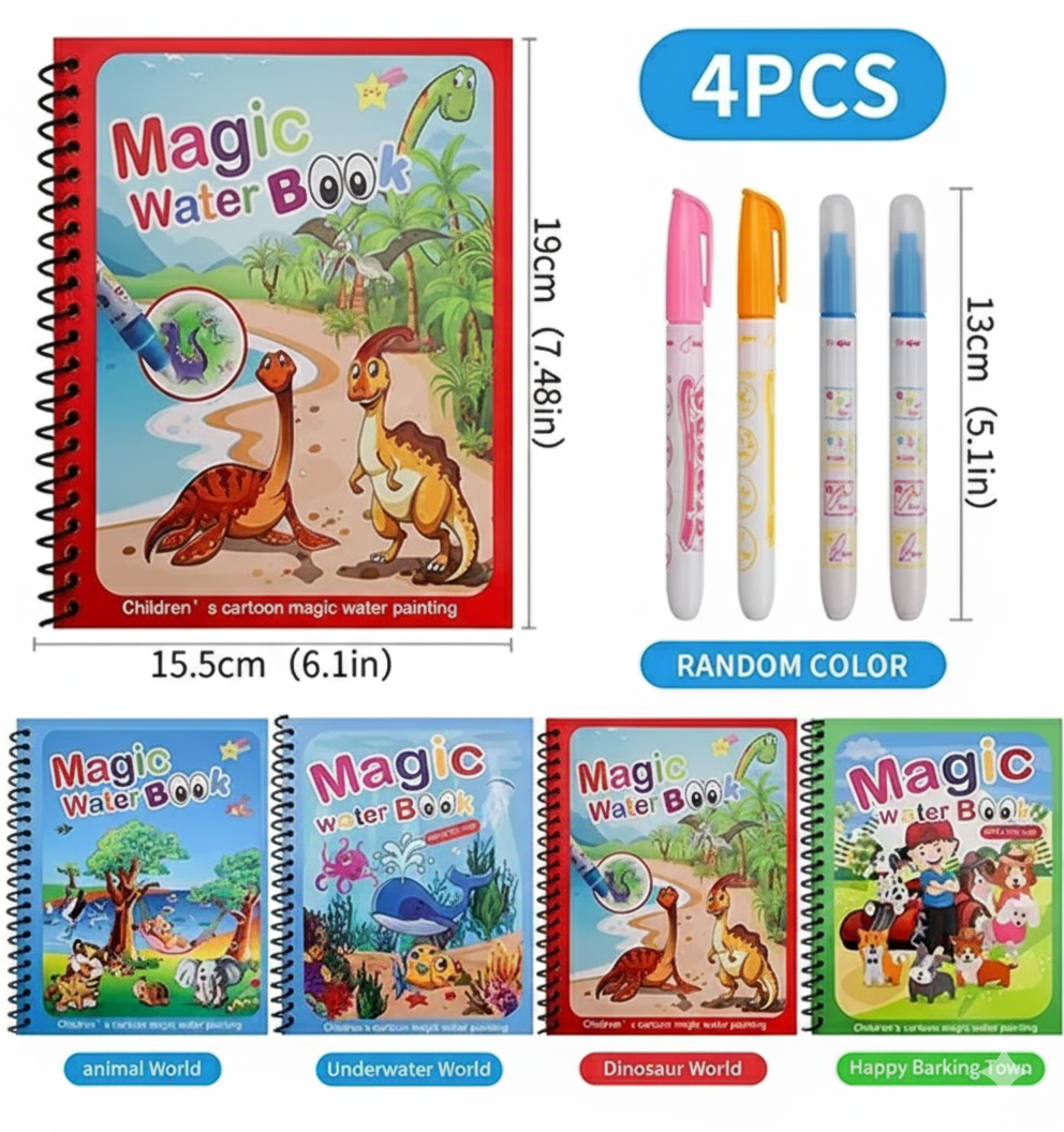 Magic Water Colouring Books – Reusable Water-Reveal Activity Set for Kids