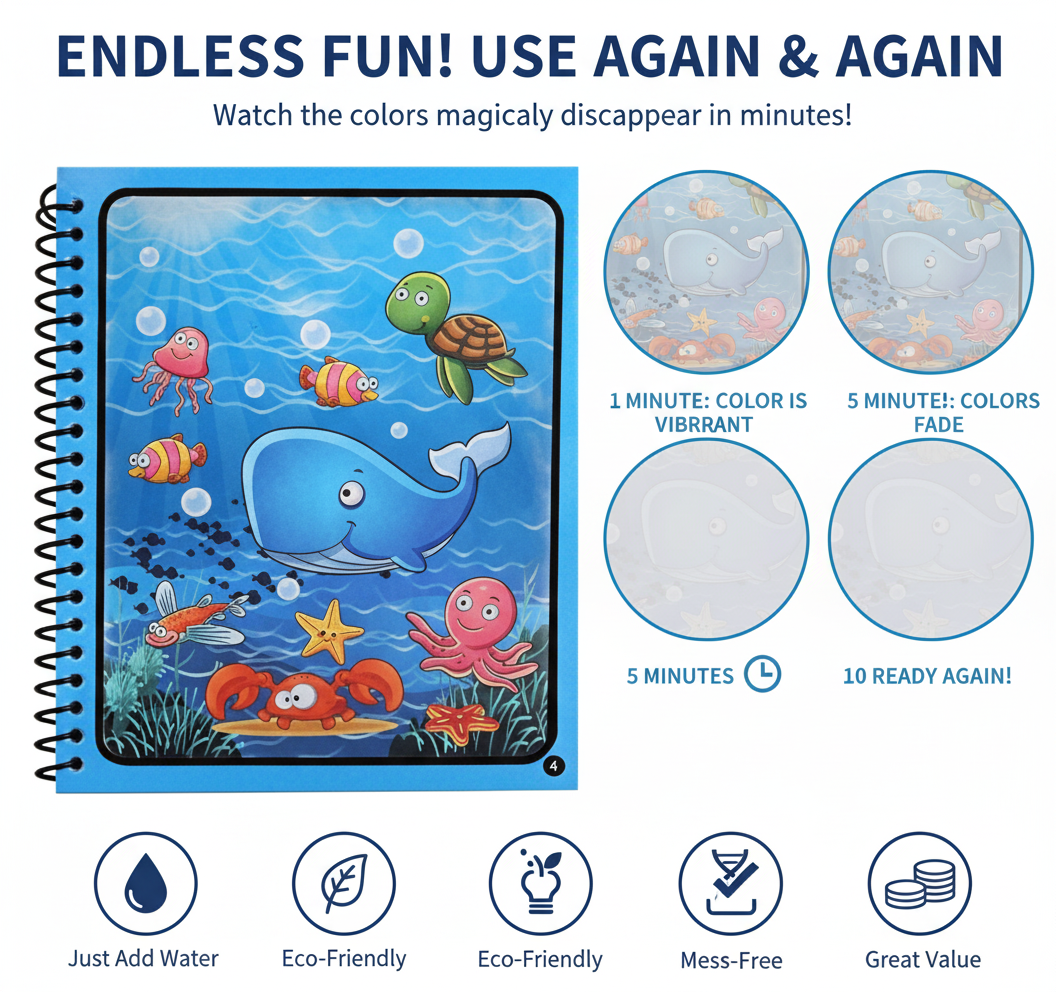 Magic Water Colouring Books – Reusable Water-Reveal Activity Set for Kids