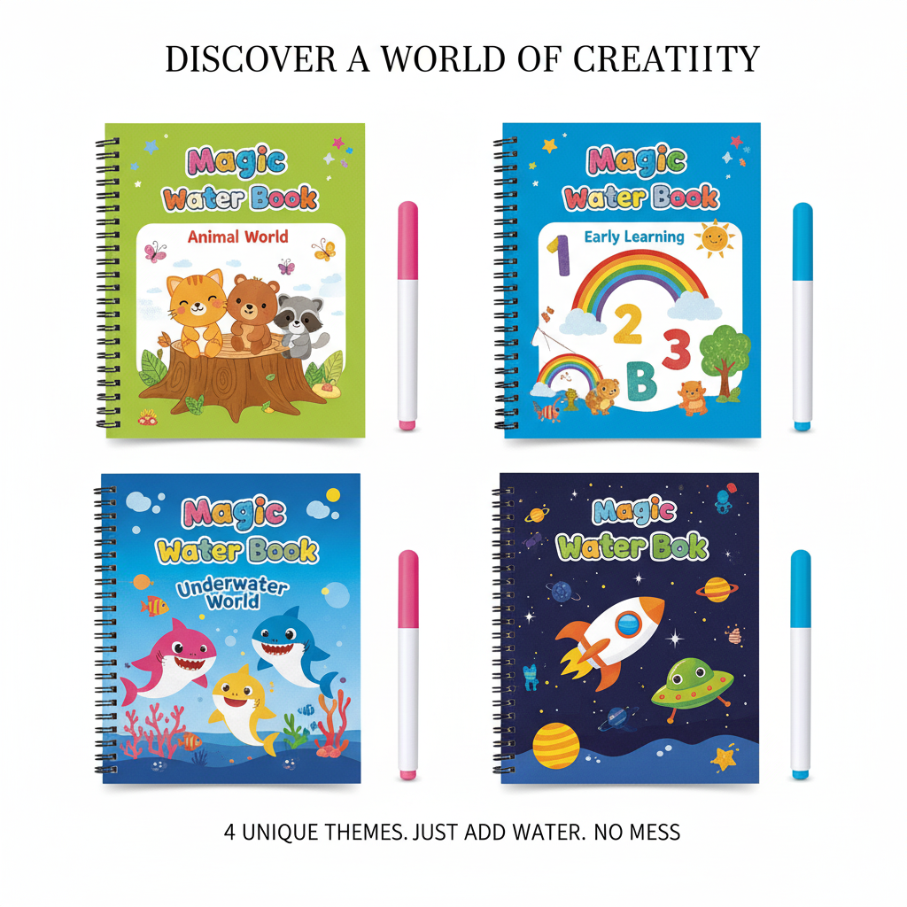 Magic Water Colouring Books – Reusable Water-Reveal Activity Set for Kids